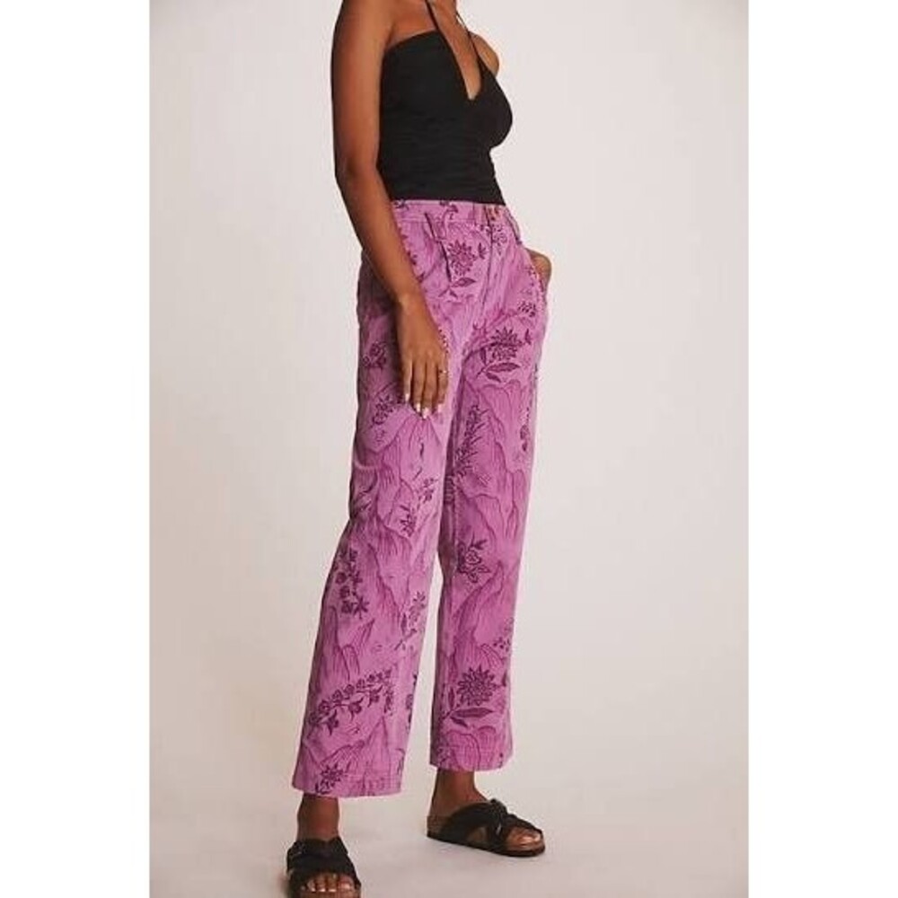 Anthropologie Women’s Sz 8 Purple Floral High Rise Pleated Column Pants